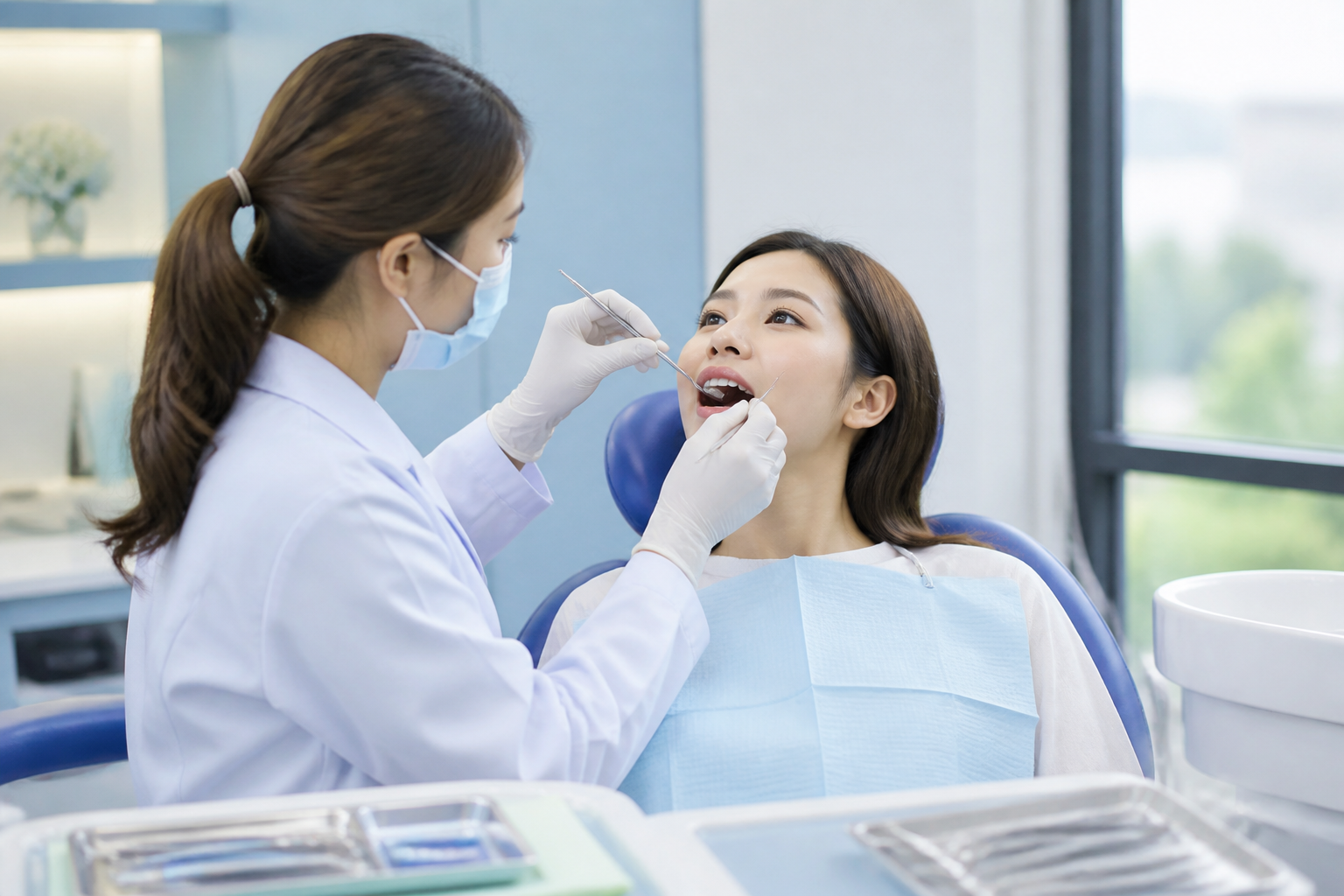 ทันตแพทย์ตรวจสุขภาพช่องปากของผู้ป่วยอย่างนุ่มนวลในห้องทำฟันที่สะอาด